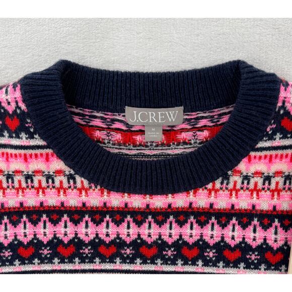 J Crew Fair Ise Sweater Navy Pink Heart Stripe Wool Knit Pullover M - Picture 5 of 9